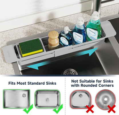 NiHome Extendable Over Sink Kitchen Organizer, Small Telescopic Brush Storage Rack for Sponge, Non-Slip Pads Expandable Sink Caddy, Adjustable Sponge/Brush Rack with Drainage Durable ABS (Black)