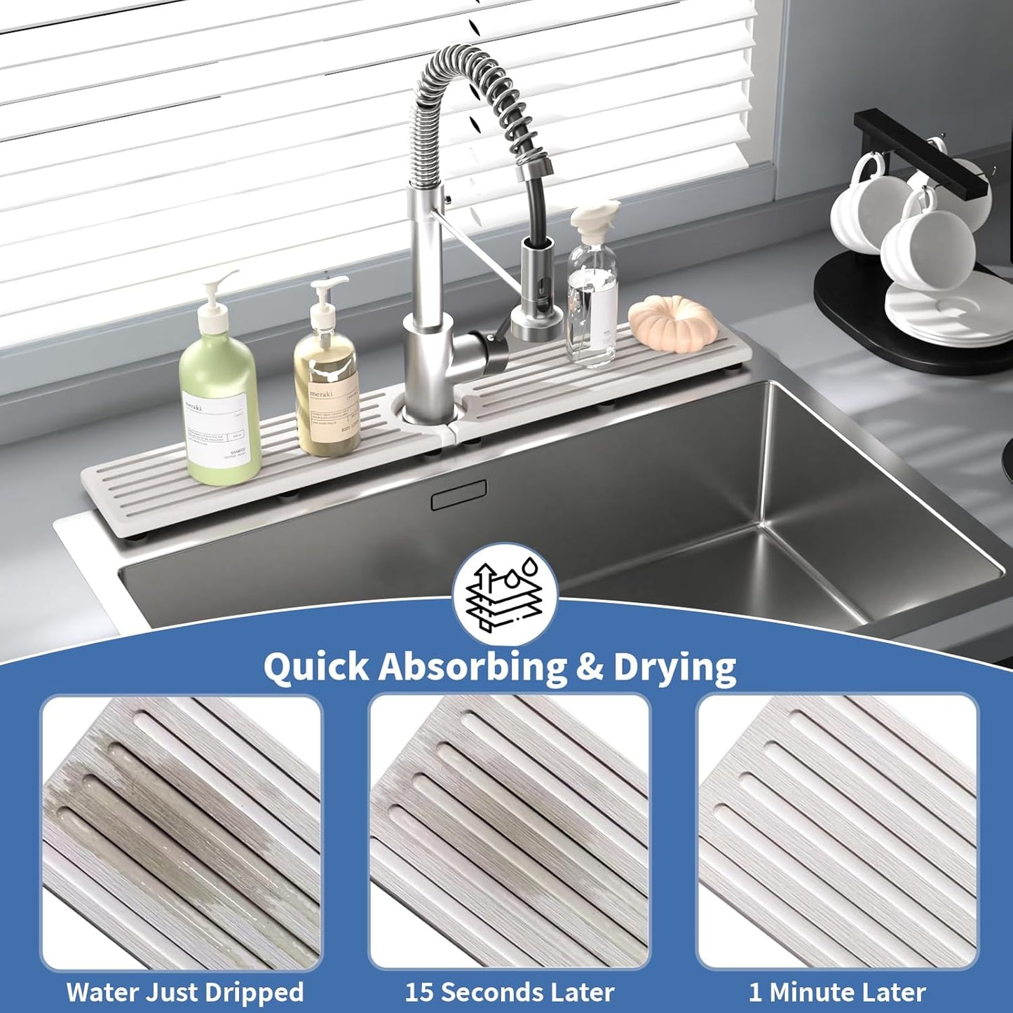 Stone Faucet Mat for Kitchen Sink, Water Absorbing Sink Water Splash Guard, Fast-Drying Kitchen Sink Faucet Mat, Durable Protector and Stone Drying Mat for Kitchen Counter & Bathroom Sink