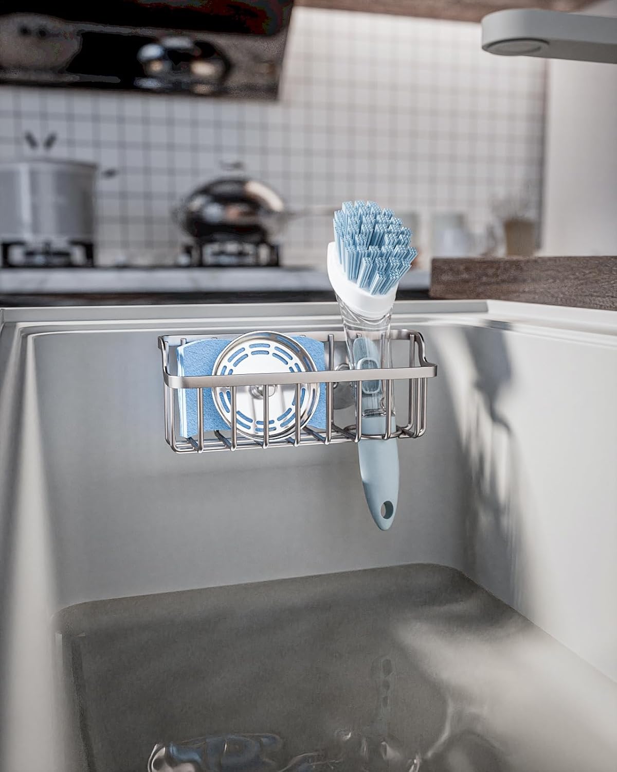 Consumest Sponge Holder Sink Caddy - Ladder Shaped Sponge Holder for Kitchen Sink with 2 Installation Ways (Suction Cups & Adhesive Hook), Rustproof Stainless Steel Kitchen Organizer, Silver