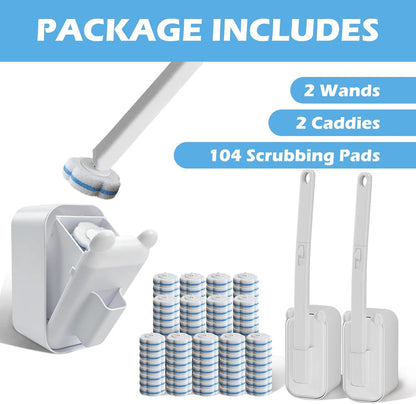 Disposable Toilet Brush Cleaning System, 2pcs Wands with 104pcs Replacement Heads,Stick for Toilet Cleaning,Wands with Refills Pads,Wall Mounted Toliet Wand for Bathroom,Toilet Brush and Holder