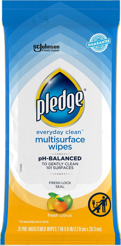 Pledge Multi-Surface Furniture Polish Wipes, Works on Wood, Granite, and Leather, Cleans and Protects, Fresh Citrus - Pack of 6 (150 Total Wipes)