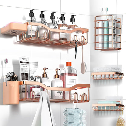 NESOMI Shower Caddy Adhesive Shower Organizer 7-Pack, Rustproof Stainless Steel Bathroom Shelves, Large Capacity No-Drill Rack Storage Accessories with Soap Dish Toothbrush Holder &24 Hooks Home Decor