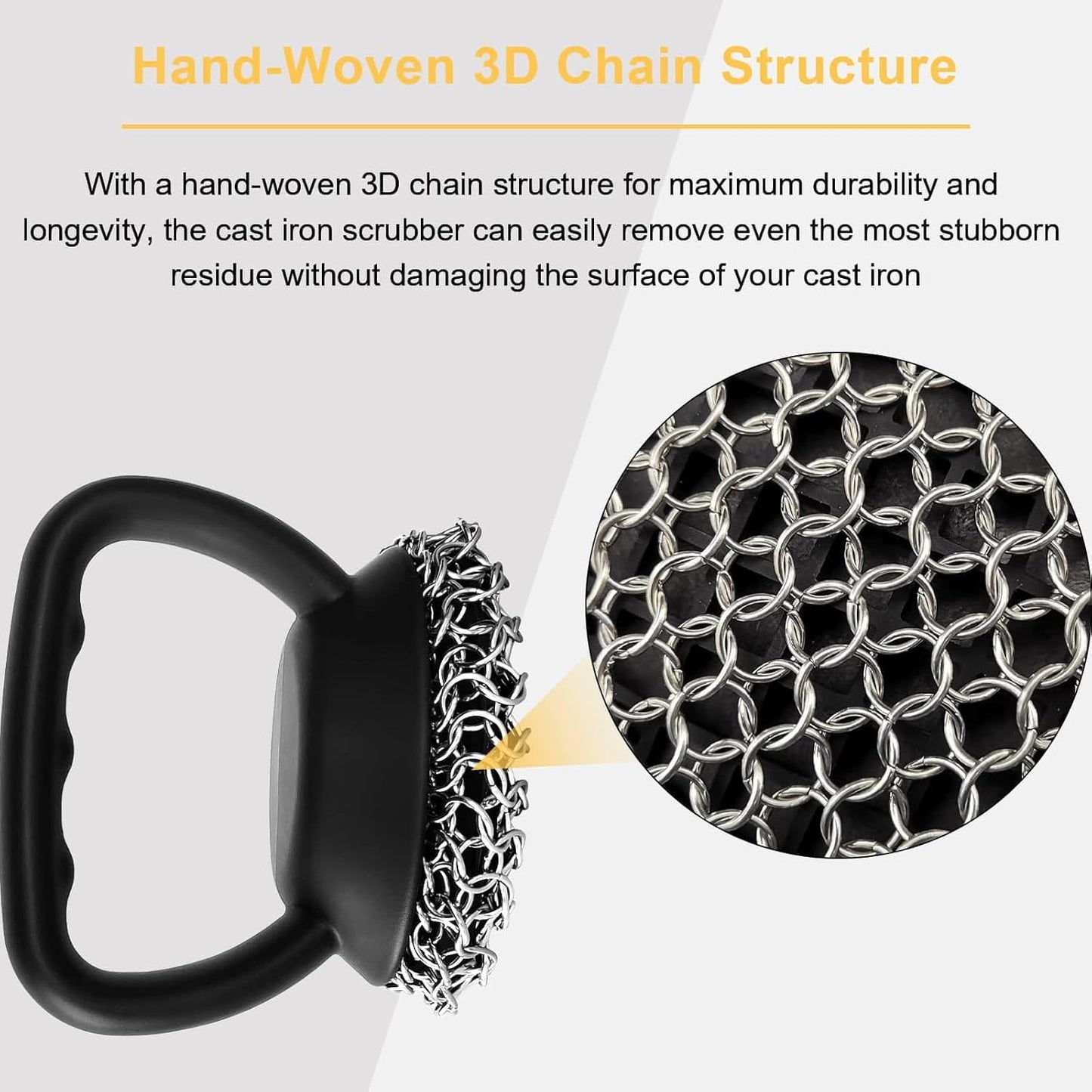 Cast Iron Scrubber 316L Chainmail Cleaner for Pans, Frying Pans & Grills, Ergonomic Handle &Large Panel for Cleaning Cast Iron