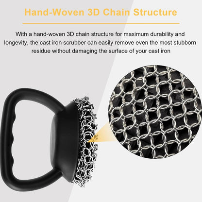 Cast Iron Scrubber 316L Chainmail Cleaner for Pans, Frying Pans & Grills, Ergonomic Handle &Large Panel for Cleaning Cast Iron