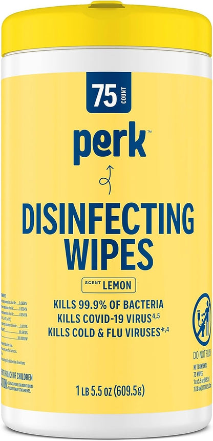 Perk Disinfecting Wipes, Lemon Scent, 75 Wipes/Canister — Multi‑Surface Cleaning Wipes for Home, Office & Classroom