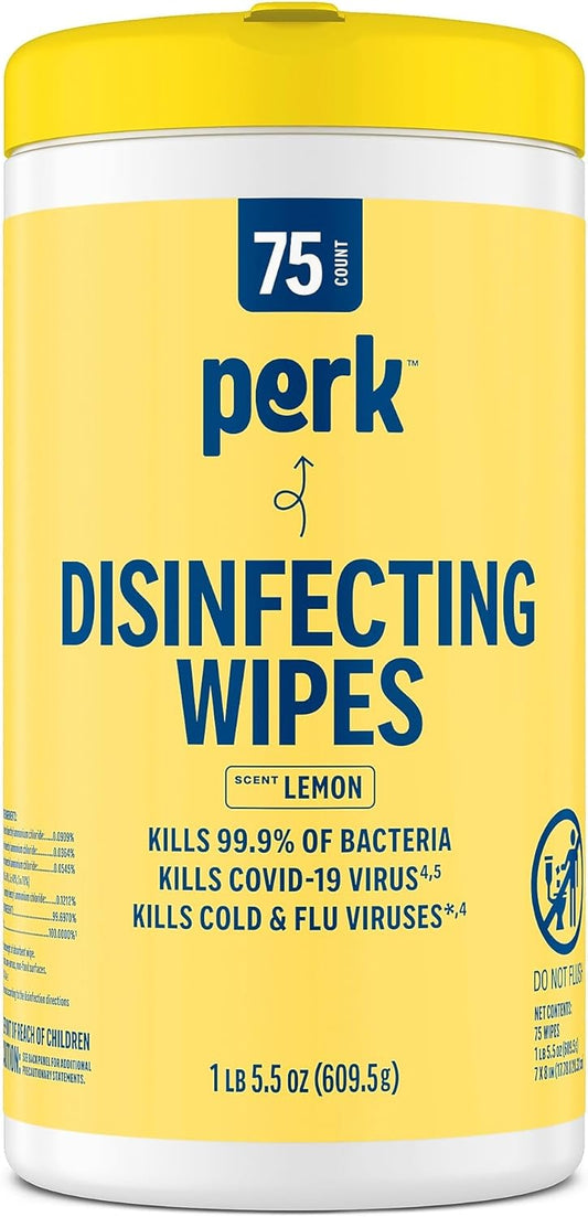 Perk Disinfecting Wipes, Lemon Scent, 75 Wipes/Canister — Multi‑Surface Cleaning Wipes for Home, Office & Classroom