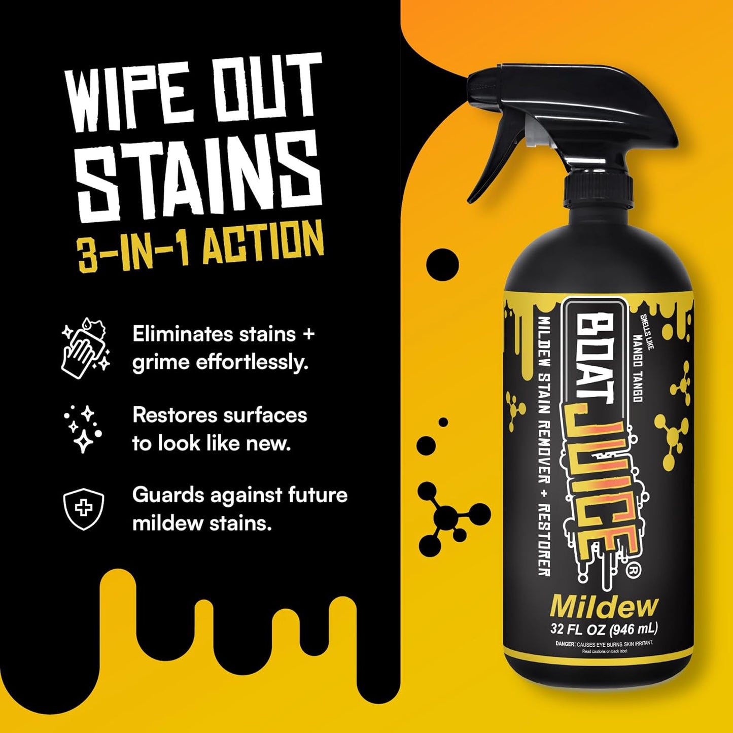 Boat Juice Mildew Stain Remover & Restorer Boat Cleaner | Marine-Grade Boat Mold & Mildew Remover for Vinyl Seats, Upholstery, Cushions & Interior | Fast-Acting, Mango Tango Scent | Made in USA (32oz)