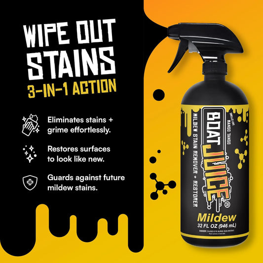 Boat Juice Mildew Stain Remover & Restorer Boat Cleaner | Marine-Grade Boat Mold & Mildew Remover for Vinyl Seats, Upholstery, Cushions & Interior | Fast-Acting, Mango Tango Scent | Made in USA (32oz)