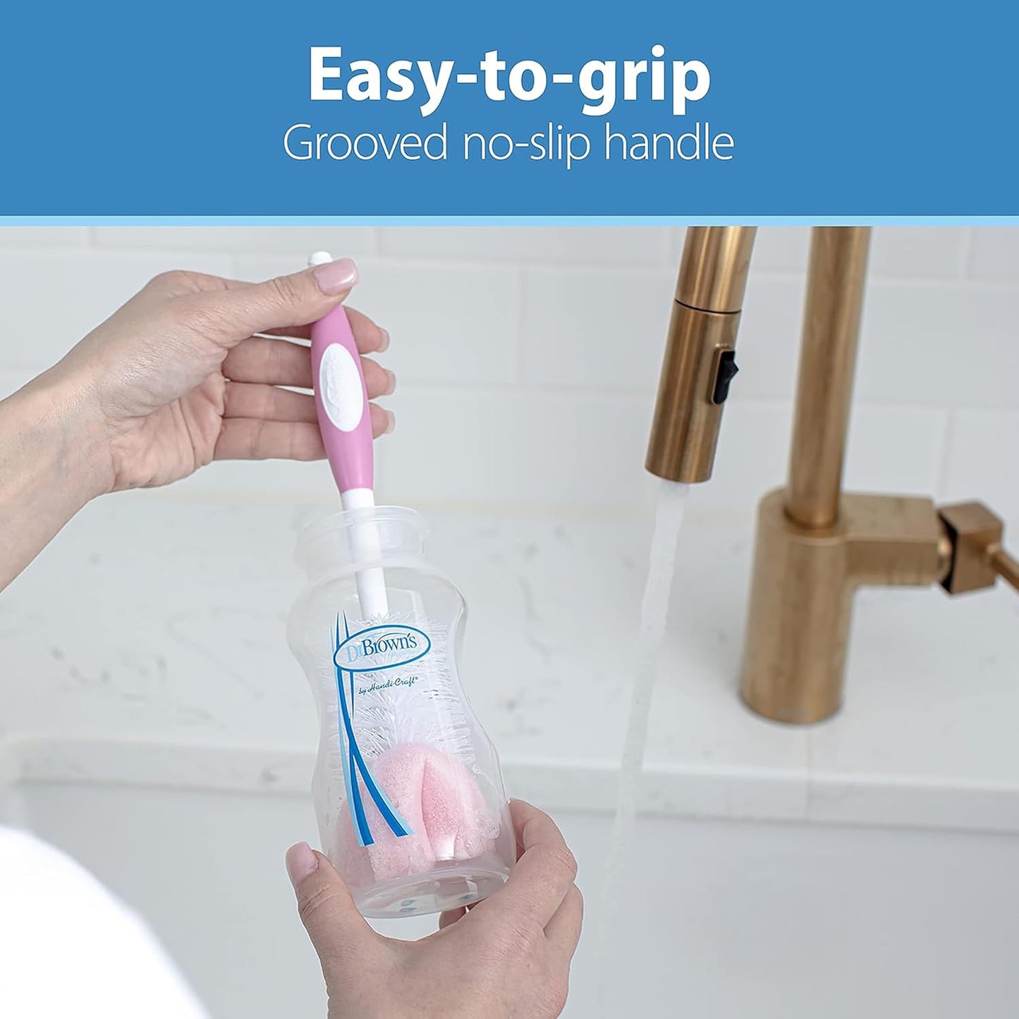 Dr. Brown's Reusable Sponge Baby Bottle Cleaning Brush with Suction Cup Stand, Scrubber and Nipple Cleaner, Pink 1-Pack