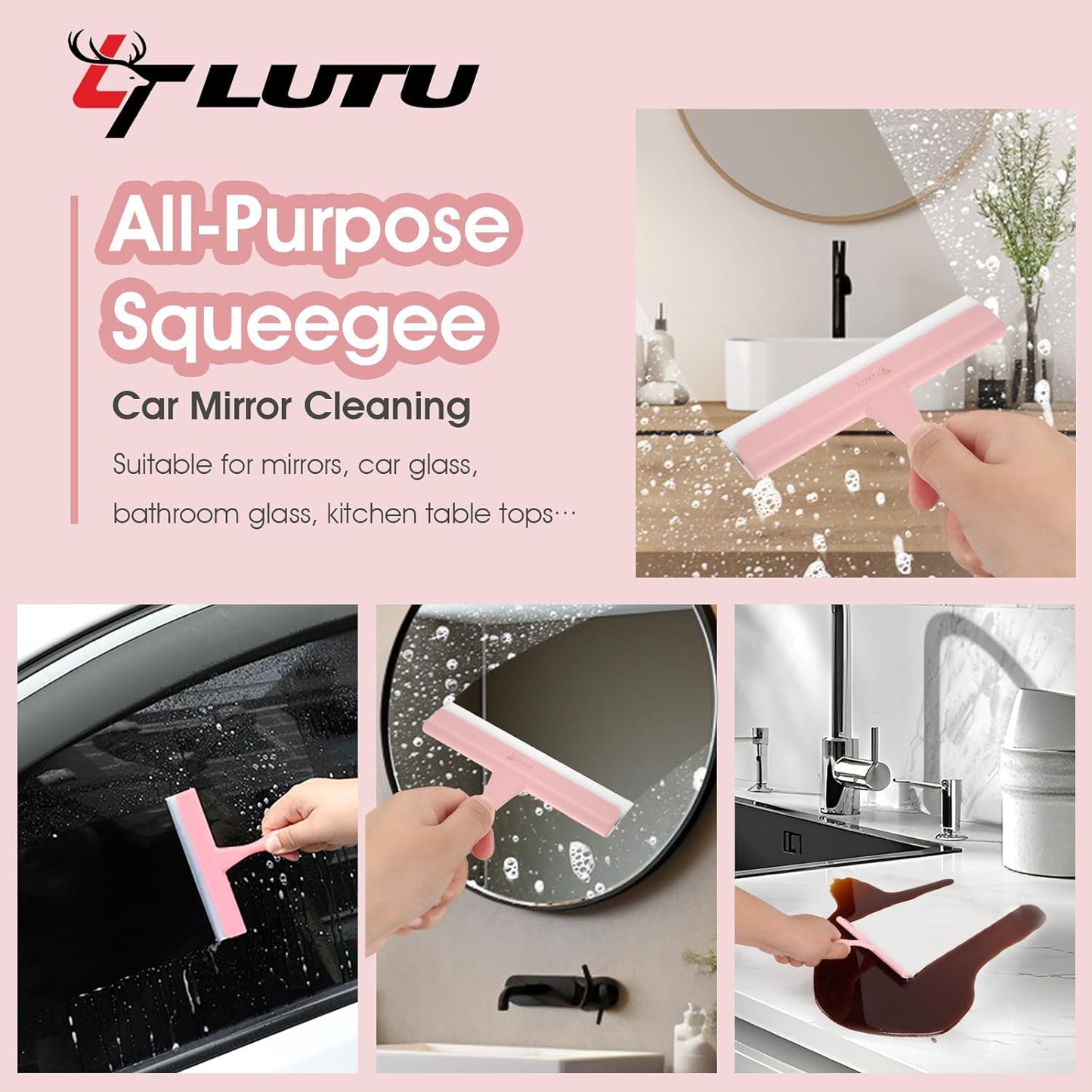 Shower Squeegee for Glass Doors, Bathroom Squeegee for Shower, Mini Window Squeegee, Home Bathroom Silicone Cleaner Tool, Suitable for Bathroom, Kitchen, Tile, Mirror, Car Glass, 8in Rose Pink