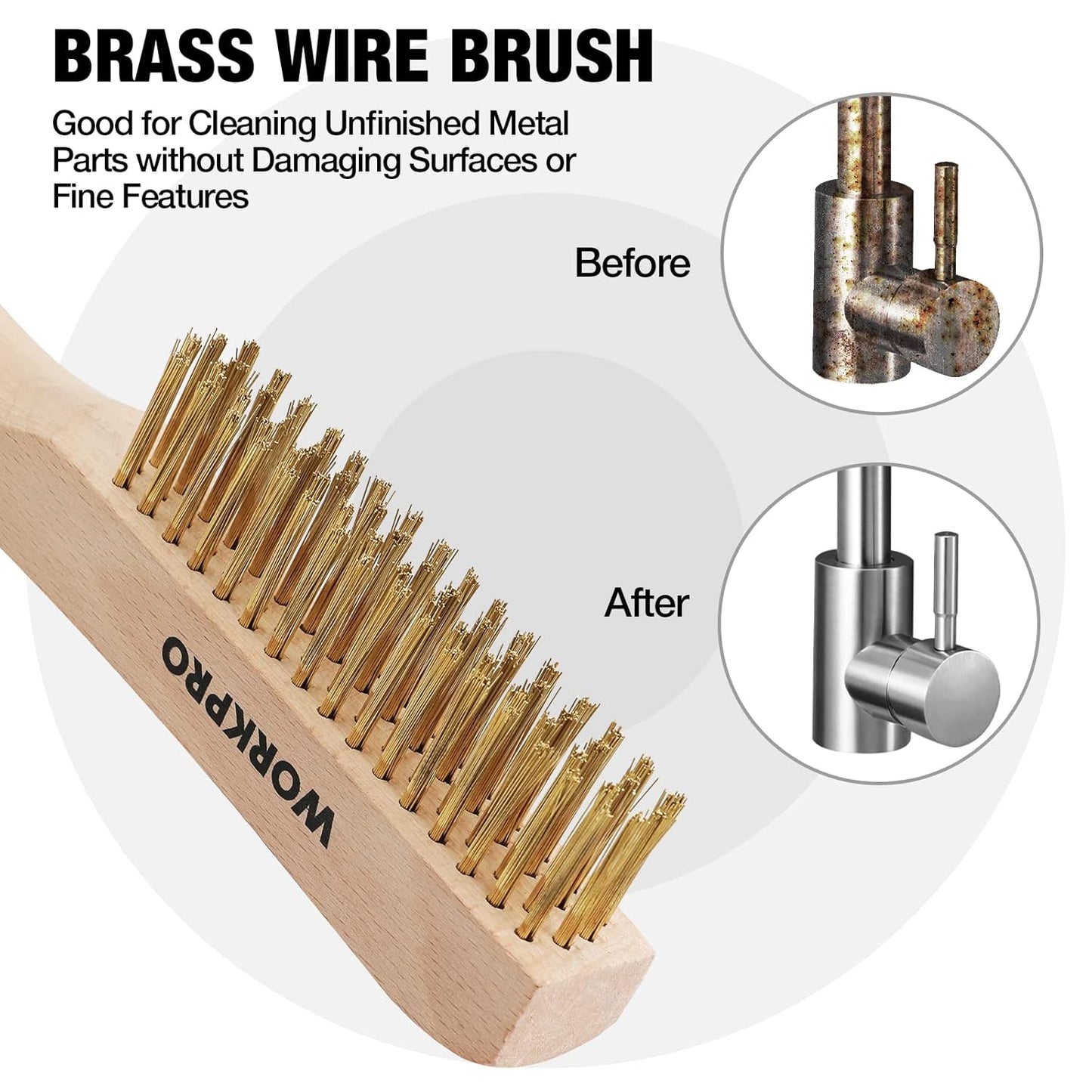 WORKPRO Wire Brush Set, 6 Pcs Brass/Stainless Steel Wire Scratch Brush Set, Small Large Size with Beechwood Handle for Cleaning Rust, Paint and Welding Slag