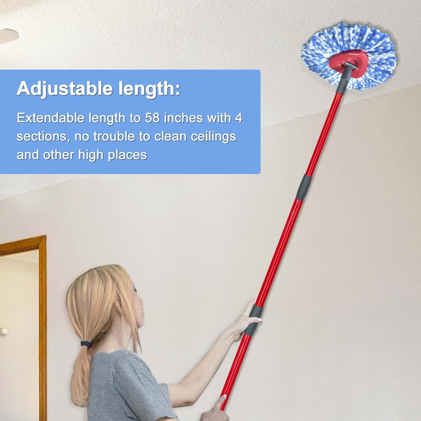 Spin Mop Replace Head, Base, Mop Handle Replacement for OCedar EasyWring 1 Tank System, Include 2 Microfiber Mop Head Replacement, 1 Sturdy Iron 30-58" Mop Handle, 1 Scrubber Head, 1 Spin Base