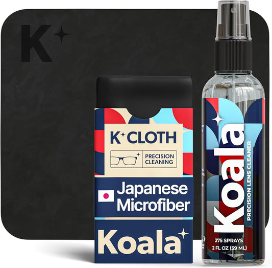 Koala Eyeglass Lens Cleaner Spray Kit | (2x) Glasses Cleaner Bottle + (2x) Microfiber Cloth | Alcohol Free Eyeglasses, Screen, and Camera Cleaning Kit | Made in USA (4 Piece Set)