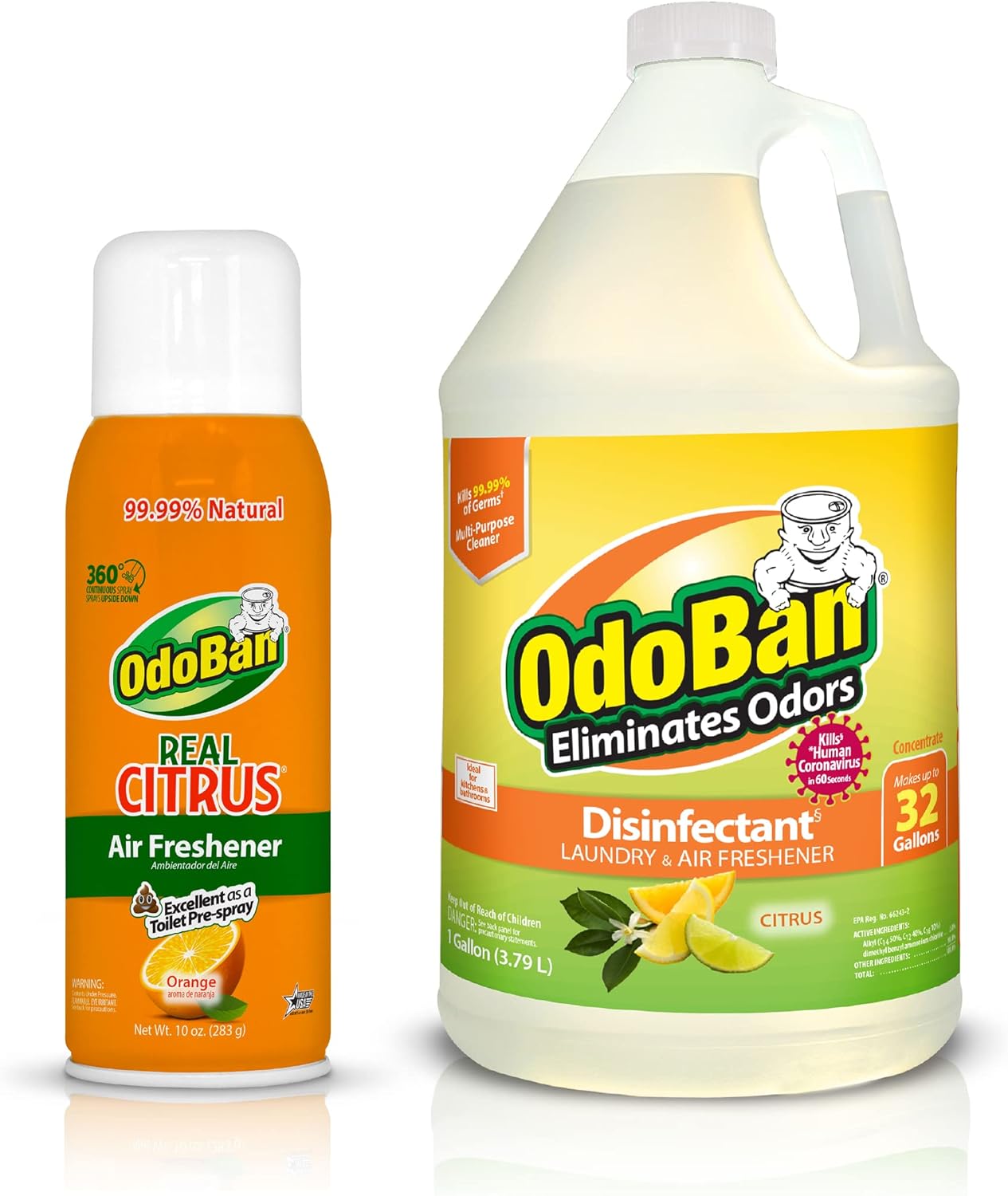 OdoBan 360-Degree Continuous Spray Natural Oil Real Citrus Orange Air Freshener, 10 Ounce, and Multipurpose Disinfectant Cleaner, 32 Ounce Spray, Made in the USA