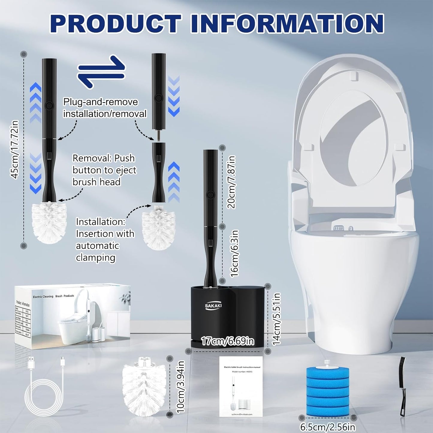 Electric Toilet Brush and Holder Set, Electric Toilet Bowl Brush, Toilet Brush Cleaner Set with 5 Refills Disposable Cleaner Brush, Floor Standing, Wall Mounted Without Drilling, Rechargeable, White