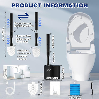 Electric Toilet Brush and Holder Set, Electric Toilet Bowl Brush, Toilet Brush Cleaner Set with 5 Refills Disposable Cleaner Brush, Floor Standing, Wall Mounted Without Drilling, Rechargeable, White
