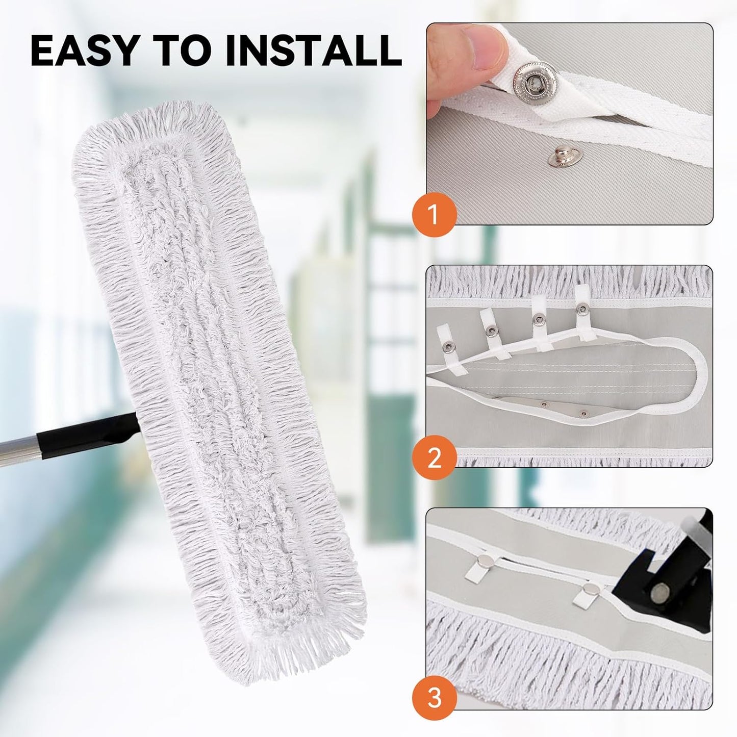 36 Inch Dust Mop Head: Replacement Medium Washable Commercial Mop Head Sweeper and Janitorial Replacement with Botton (White - 36 Inch, 3 Pack, Botton)