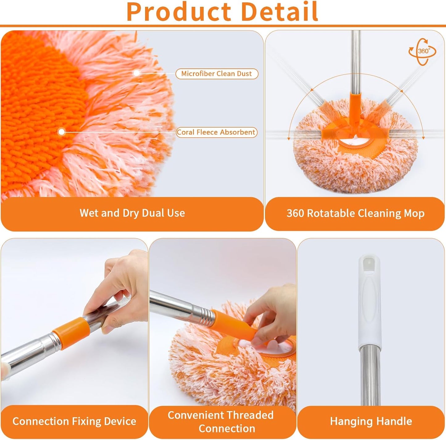 360 Rotatable Adjustable Wall Mop with 5 Mop Heads, 78 Inch Wall Cleaner for Floor, Ceiling & Baseboard