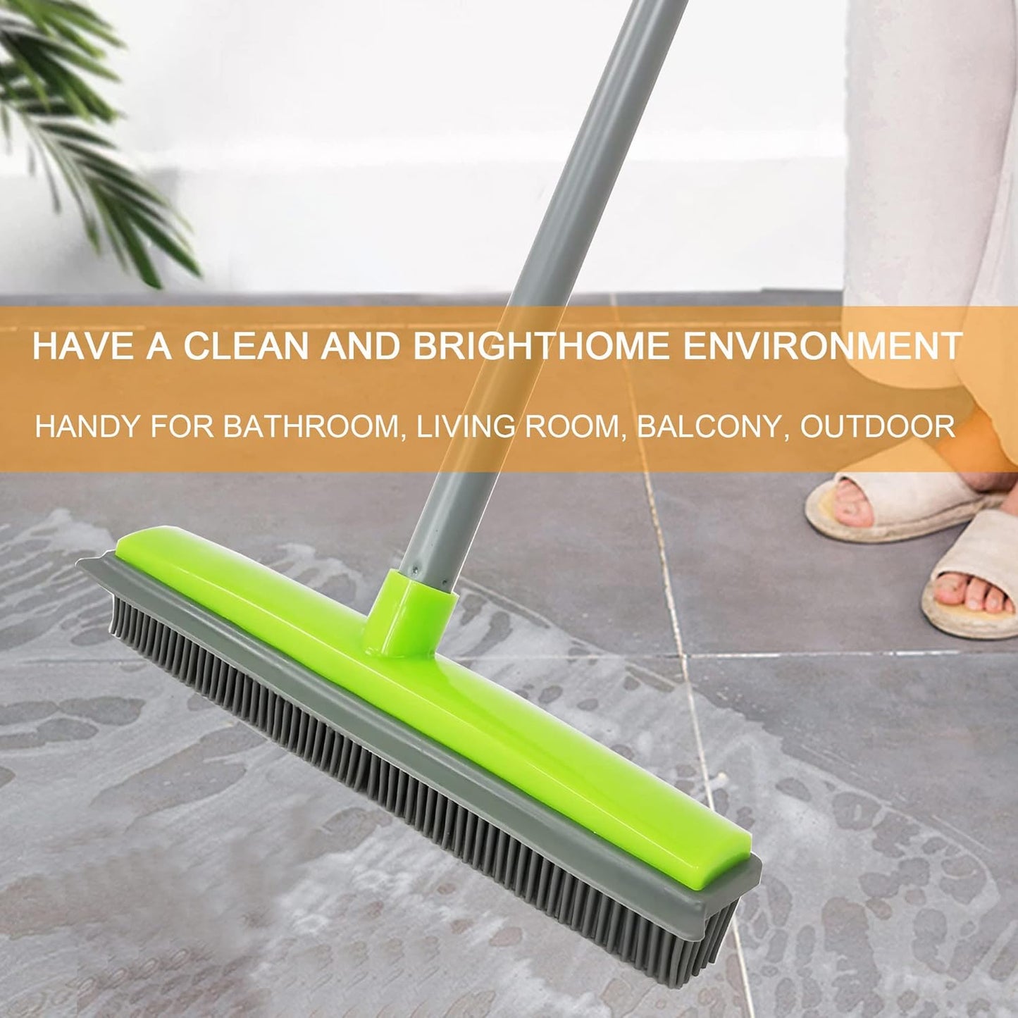 Push Broom,Pet Hair Removal Broom with Squeegee,Soft Silicone Bristle Broom with Long Handle,Non Scratch Carpet Sweeper Brush for Cat Dog Hair Hardwood(Orange) Extra Long for Tall People