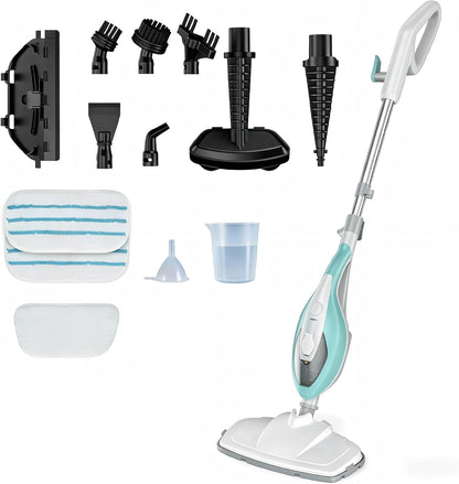 OLIXIS 10-in-1 Steam Mop, 1550W Detachable Handheld Steam Cleaner for Floor Cleaning, 16FT Cord, 2 Washable Pads, Multi-Purpose Floor Steamer for Hardwood, Carpet, Tile, Grout, Windows, White Green