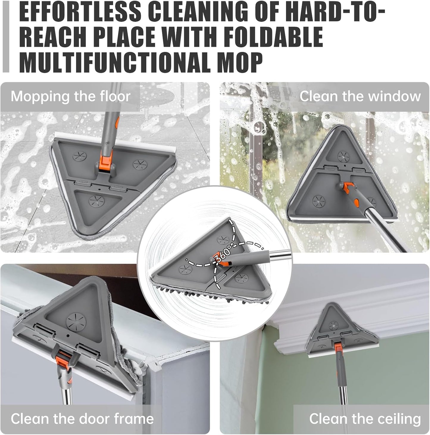 CALBEAU Baseboard Cleaner Tool with Handle, Folding Wall Mop with 86" Extension Pole, Swivel Wall Cleaner Mop with Squeegee, 8 Reusable Pads for Baseboard, Wall, Ceiling, Window, Floor, Furniture