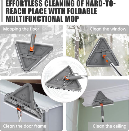 CALBEAU Baseboard Cleaner Tool with Handle, Folding Wall Mop with 86" Extension Pole, Swivel Wall Cleaner Mop with Squeegee, 8 Reusable Pads for Baseboard, Wall, Ceiling, Window, Floor, Furniture