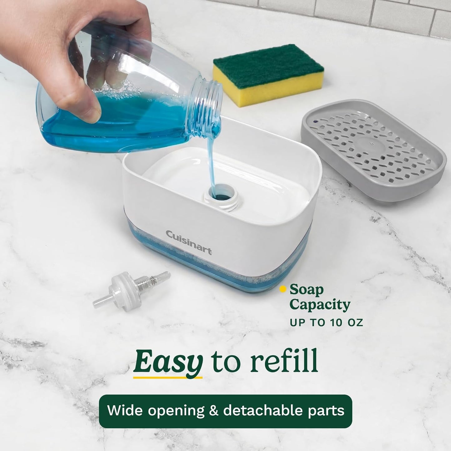 Cuisinart 2-in-1 Dish Soap Dispenser with Sponge Holder and Sponge for Kitchen Sink – Soap Pump Organizer Set with Tray, Countertop Caddy for Dishes, Dishwashing Liquid Dispenser, Sink Essentials