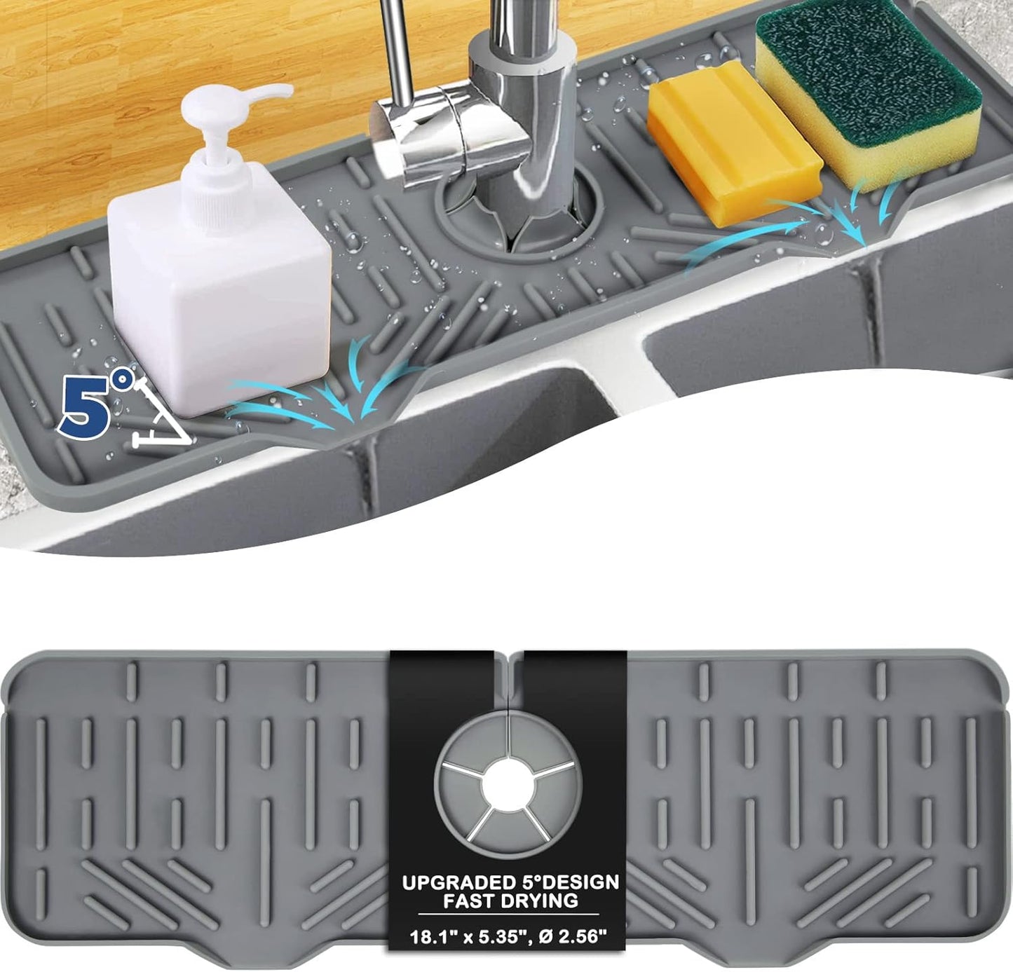 BFONS Silicone Faucet Handle Drip Catcher Drying Tray Mat Dish Soap Sponge Holder Accessories Gadgets for Kitchen Counter Bathroom Kitchen Sink Splash Guard -Grey