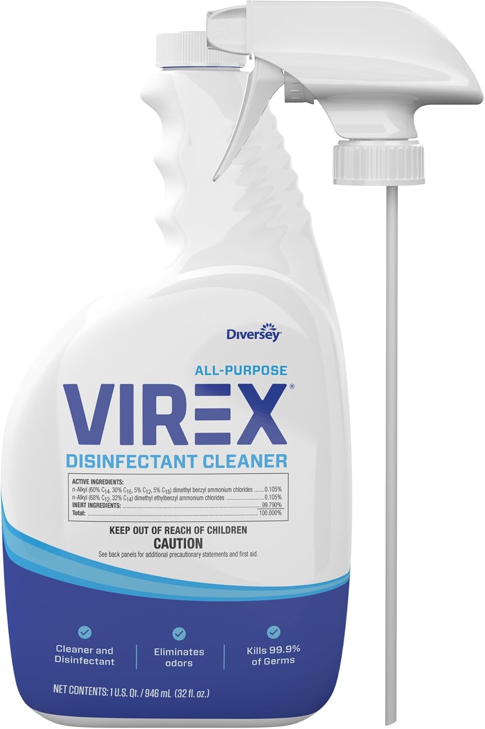 VIREX Diversey CBD540540 All Purpose Disinfectant Cleaner, For Home & Commercial Use, Kills 99.9% of Germs, Multi-Surface, Lemon Scent, Capped Ready-to-Use Spray, 32-Ounce