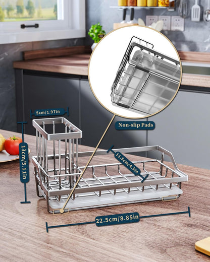 Consumest Sink Caddy, Kitchen Sponge Holder with Dish Brush Holder, Kitchen Organizer with Drip Tray for Countertop, Stainless Steel Rustproof - Silver