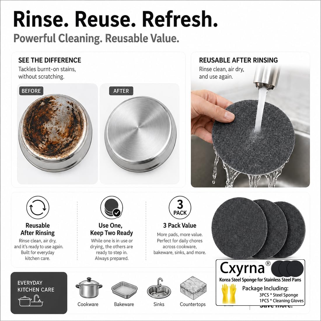 3PACK Korea Steel Sponge for Stainless Steel Pans Cookware - Croppable Professional Stainless Steel Pan Sponges for Heavy Duty Burnt-On Stain Removal, Mirror Shine Restorer (3PCS)