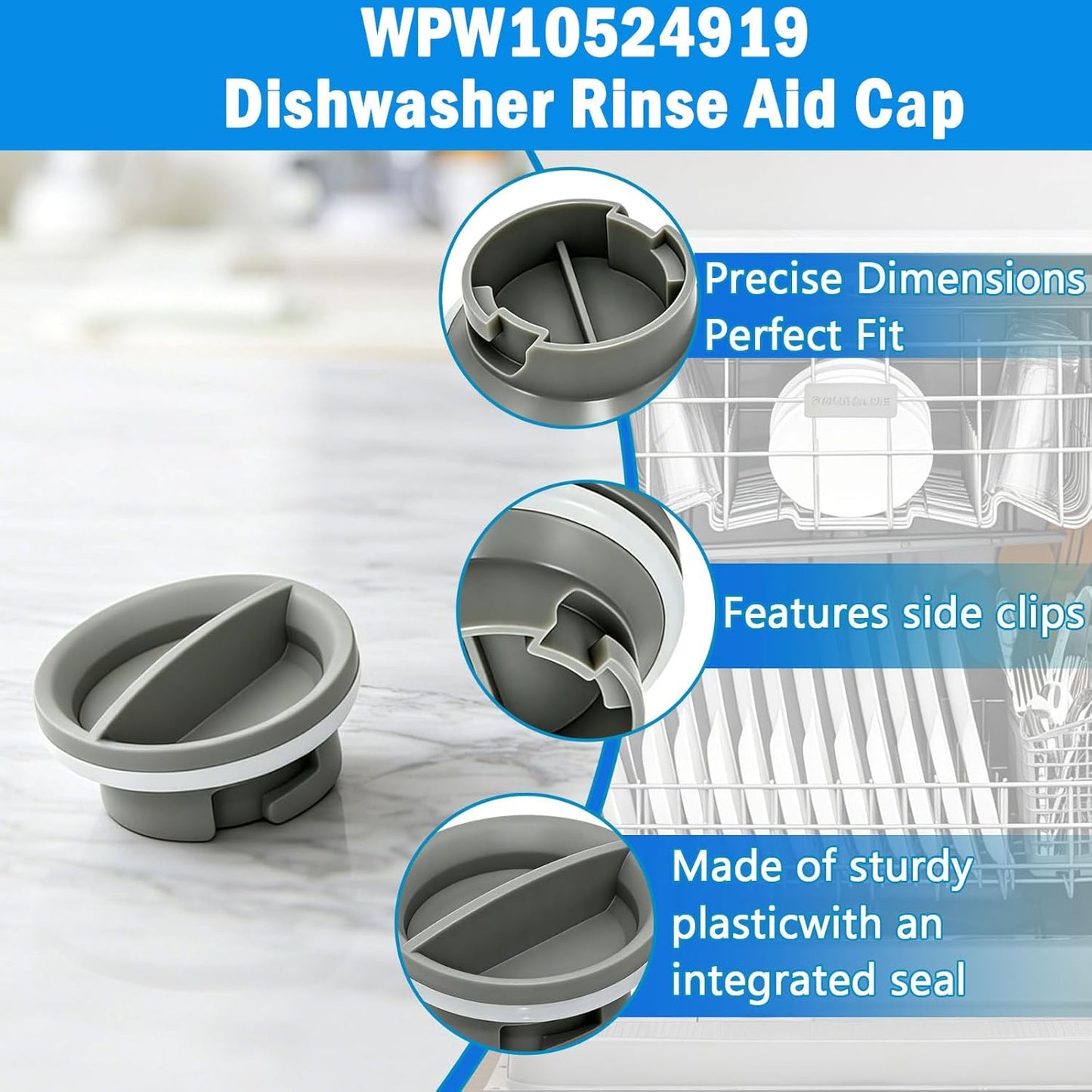 WPW10524919 Rinse Aid Dispenser Cap Replacement for Whirlpool KitchenAid Maytag Dishwasher, W10524919 Dispenser Cap Replace W10524923 Dishwasher Rinse Aid Dispenser Cap