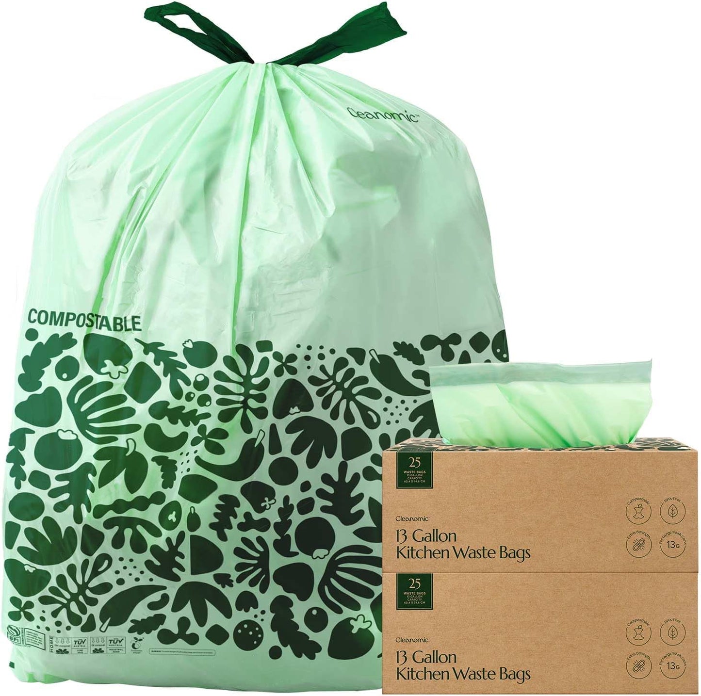 Cleanomic Compostable* Trash Bags with Drawstring (13 Gallon, 25 Units, Tall), BPI Certified For Kitchen Compost