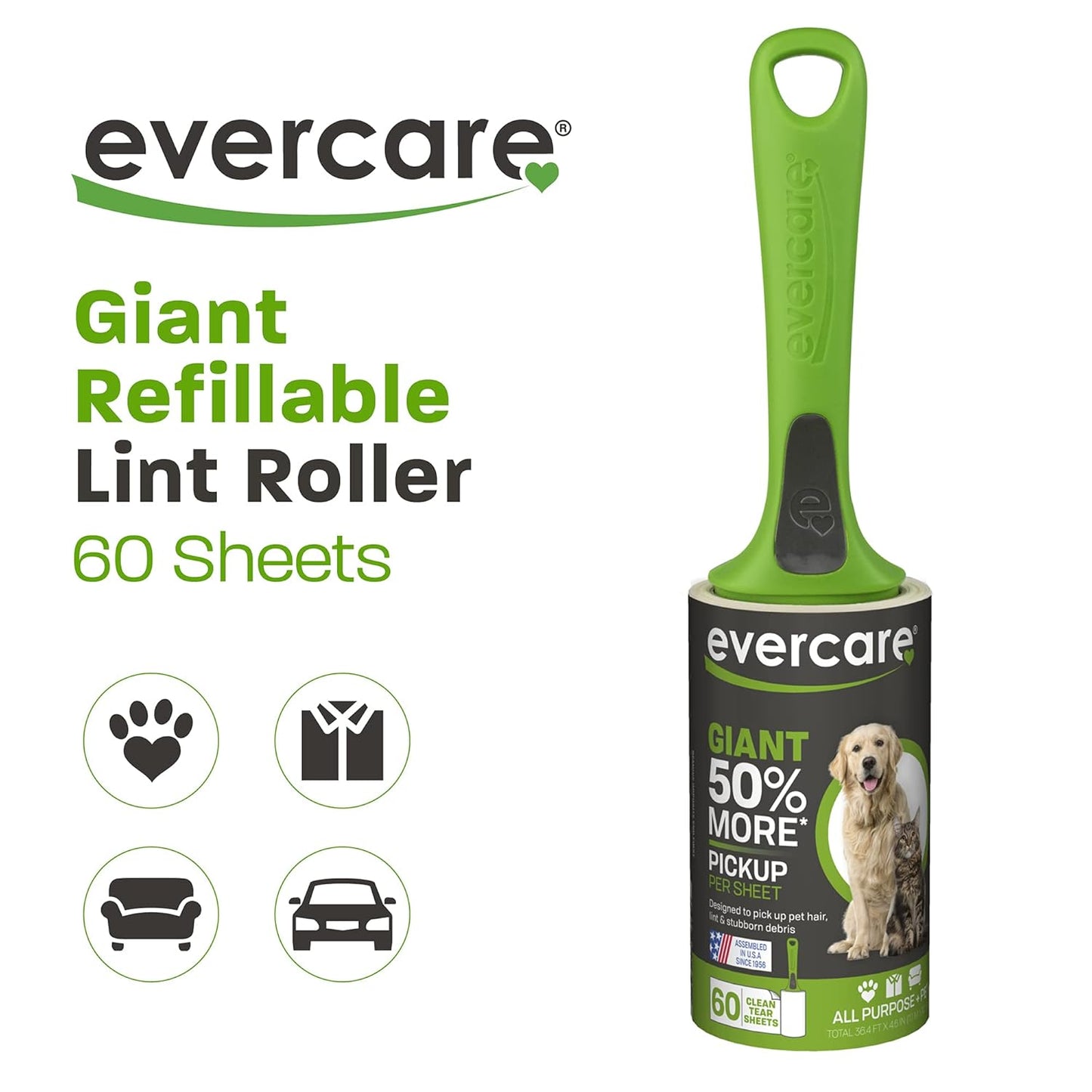 Evercare Lint Roller Pet Hair Remover Giant 60 Layers Per Roll, Green