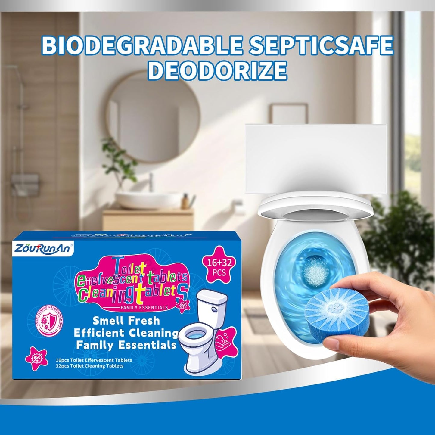 2-in-1 Toilet Cleaning Tablets (48 Pack) - 16 Effervescent Toilet Bowl Stain Remover and 32 Blue White Toilet Tank Cleaner Tablets - Limescale Removal for Septic System