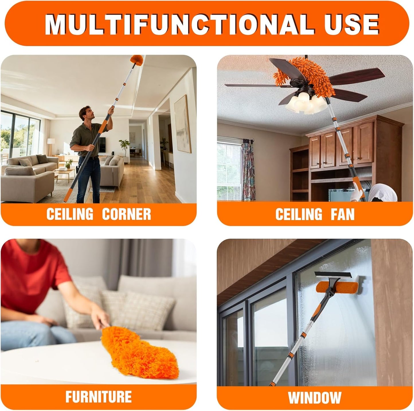 SISUPASSIE 30FT Reach High Ceiling Duster Kit, Window Cleaning kit with 5-24FT Extension Pole, Fan Duster for Ceiling Fan Blades, Microfiber Feather Duster, Rotatable Window Squeegee and Cobweb Duster