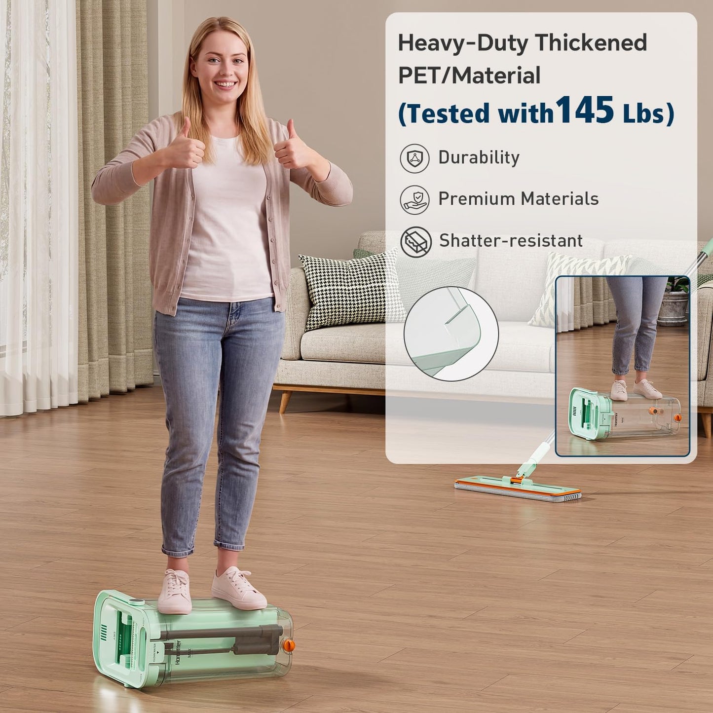 HoMettler 3-Tank Transparent Mop and Bucket Set with Separate Dirty & Clean Water, 65" Flat Mop for Floor Cleaning, 4 Machine Washable Microfiber Pads for Wood Tile - Green