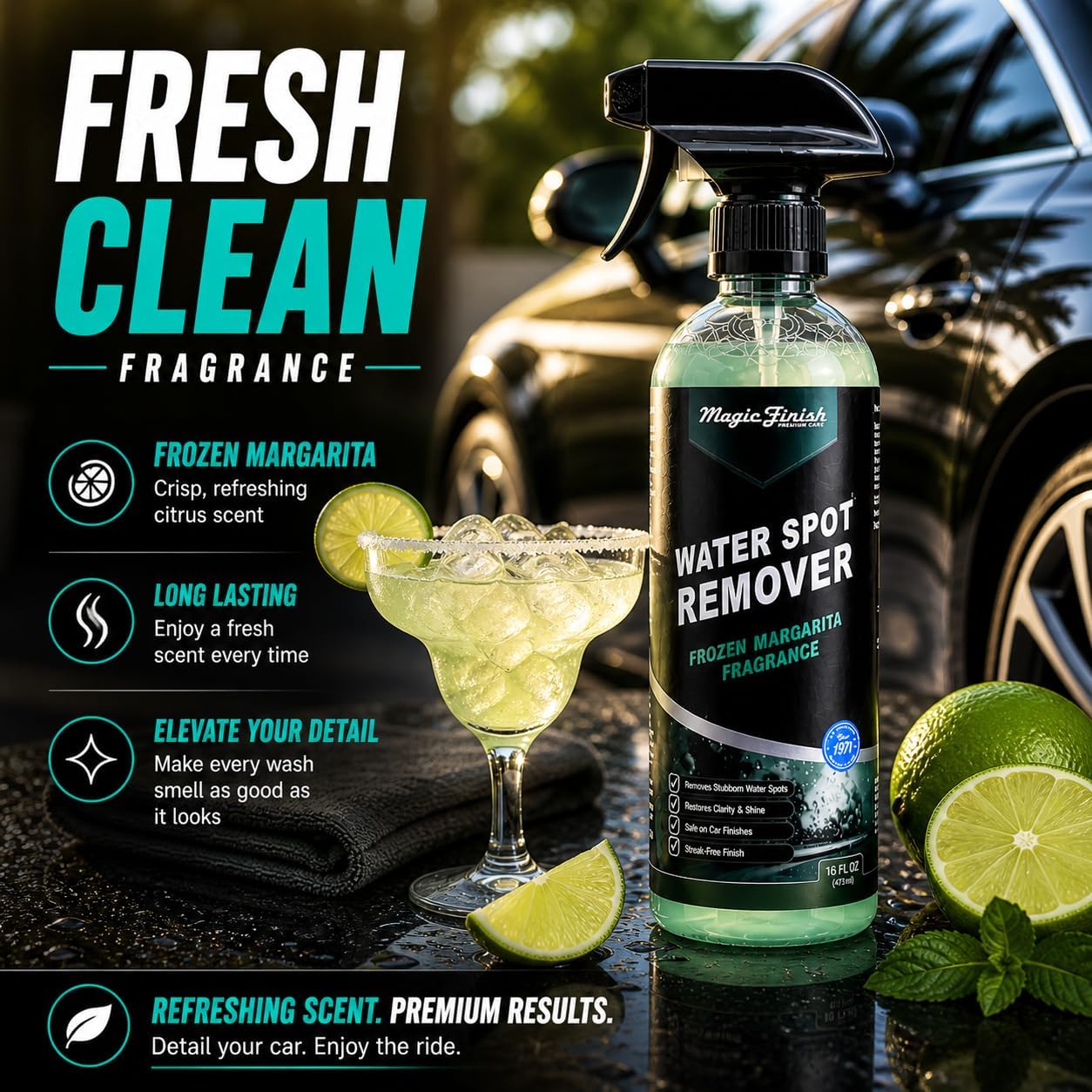 Magic Finish Water Spot Remover for Cars – Professional Hard Water Stain & Mineral Deposit Remover for Paint, Chrome & Wheels – Restores Shine & Gloss – Frozen Margarita Scent – 16oz