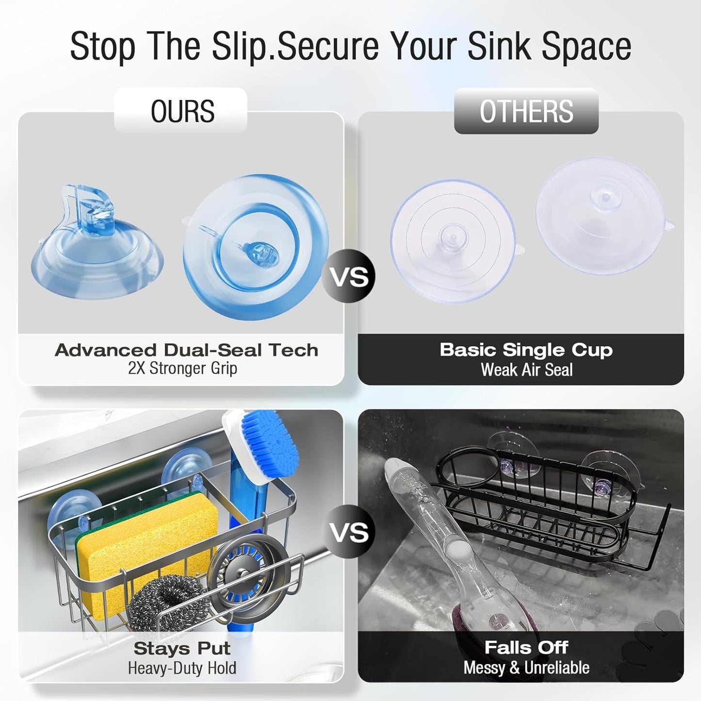 3-in-1 Kitchen Sink Caddy Organizer with Sponge Holder, Brush Holder, Extra Rack for Scrubber, Sink Stopper, Dish Cloth Hanger - Strong Dual Suction Cup, 2.0mm SUS304 Stainless Steel - Grey