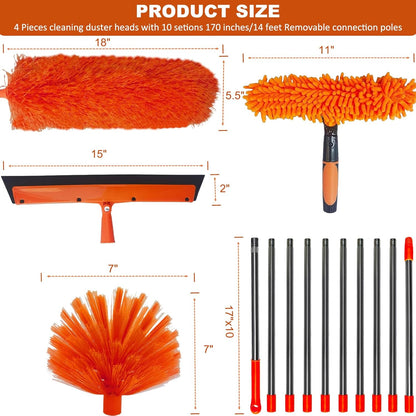 20+ Feet High Reach Duster Kit with 3-14 ft Extension Pole High Ceiling Dusting and Window Cleaning Kit with Spliceable Pole - Window Washer & Squeegee, Cobweb Duster, Fan Blade and Feather Dusters