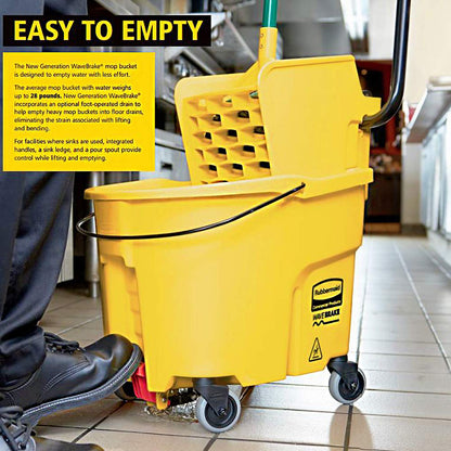 Rubbermaid Commercial Products WaveBrake 44 QT Side-Press Mop Bucket and Wringer Combo on Wheels with Foot Drain Yellow for Heavy-Duty Floor Cleaning