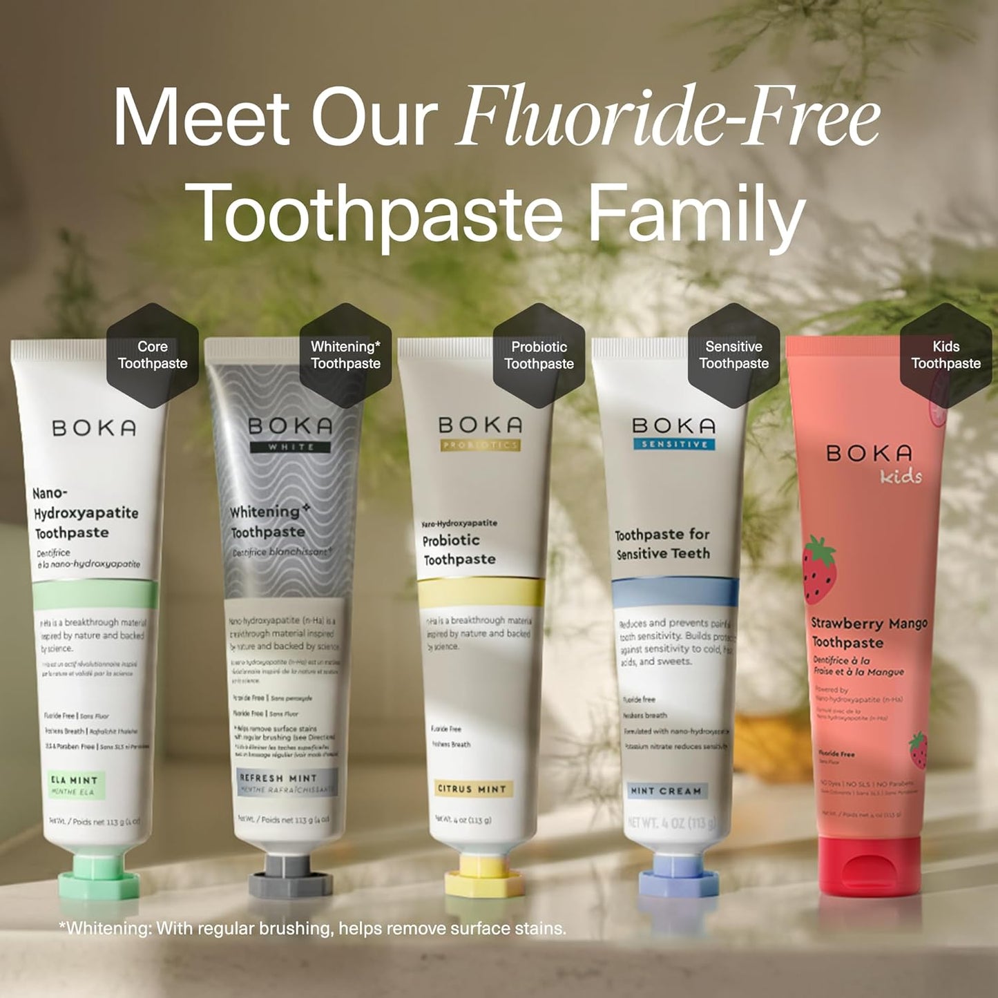Boka Fluoride Free Toothpaste, Nano Hydroxyapatite Toothpaste, Appropriate for Sensitive Teeth, for Adult, Kids Oral Care - Whitening* Refresh Mint, 1.3 Fl Oz 2Pk US Manufactured