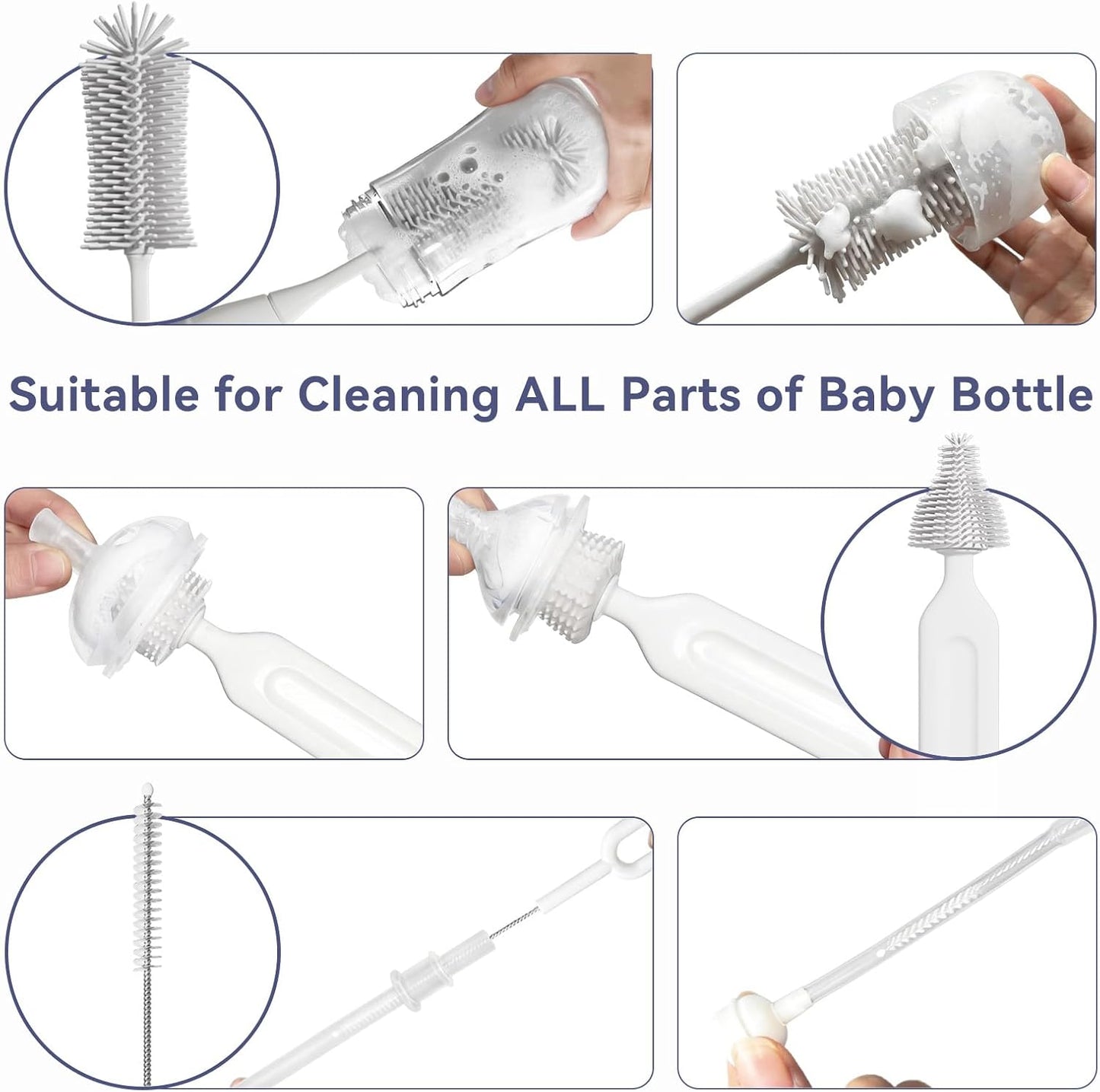 Baby Bottle Brush Set, Innovative Efficient Press-to-Spin Brush Cleaner - Includes Silicone Bottle Brush, Nipple Brush, Straw Cleaner - Spinning Generates Rich Foam for Deep Cleaning, Blue