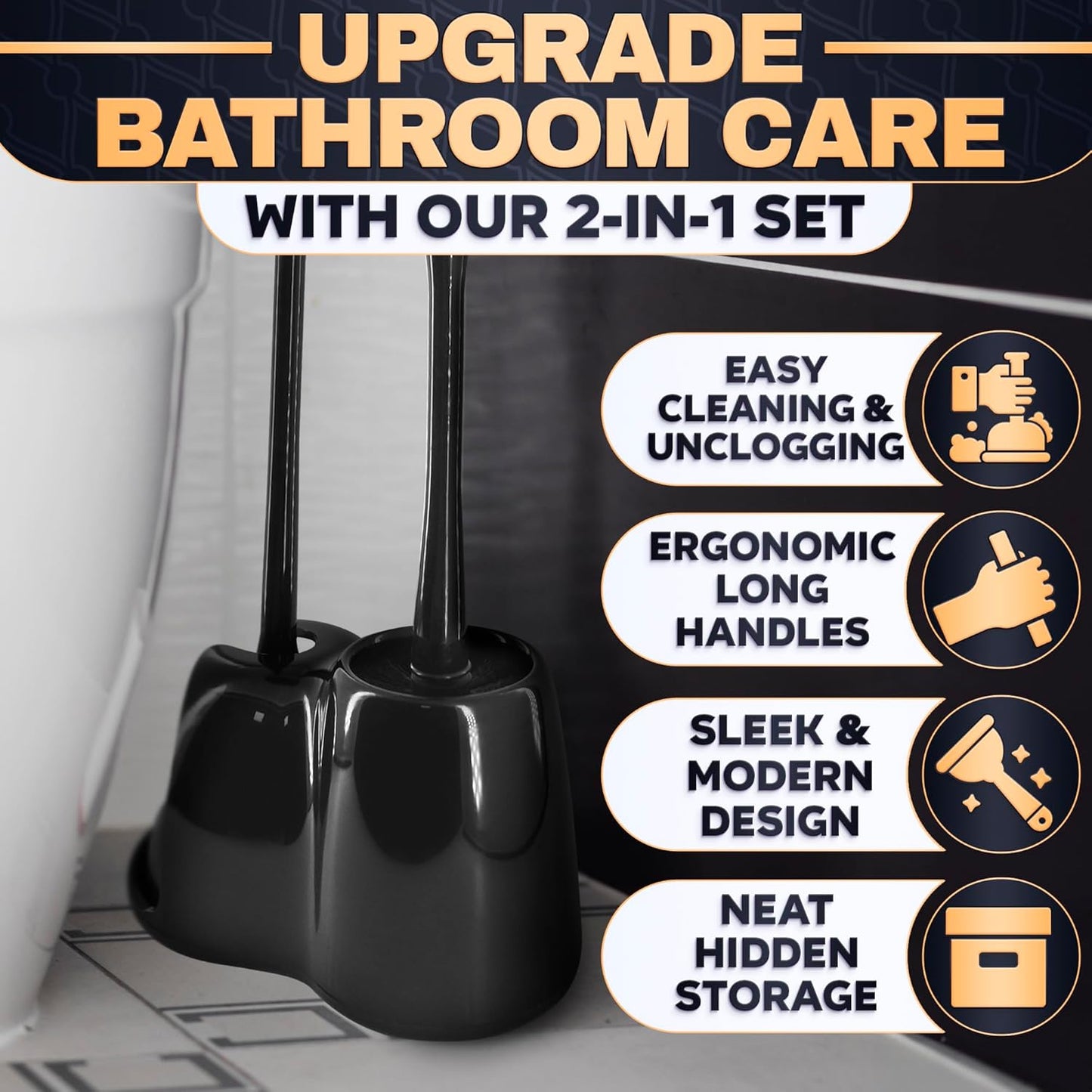 Toilet Brush and Holder Set - Silicone Toilet Brush Cleaner with Dark Grey Holder Base, Compact Accessory for Small Spaces - Easy to Place & Simple to Store After Use, Plastic Bathroom Cleaning Tool