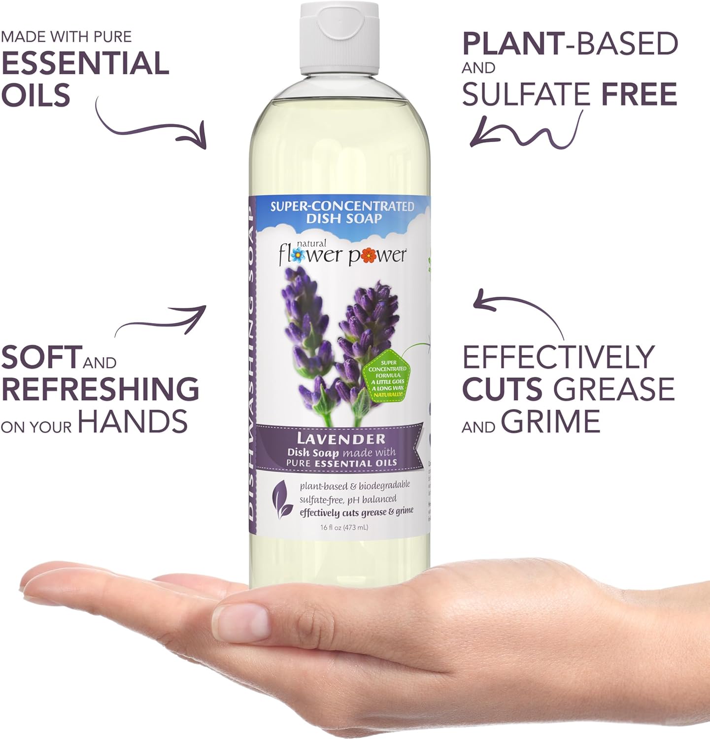 Natural Flower Power Liquid Dish Soap Refill – 66 Fl Oz Refills 4X – Plant-Based & Scented w/Pure Essential Oils – Natural Dishwashing Detergent – Sulfate-Free Kitchen Soap (Lavender)