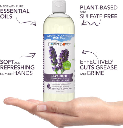 Natural Flower Power Liquid Dish Soap Refill – 66 Fl Oz Refills 4X – Plant-Based & Scented w/Pure Essential Oils – Natural Dishwashing Detergent – Sulfate-Free Kitchen Soap (Lavender)
