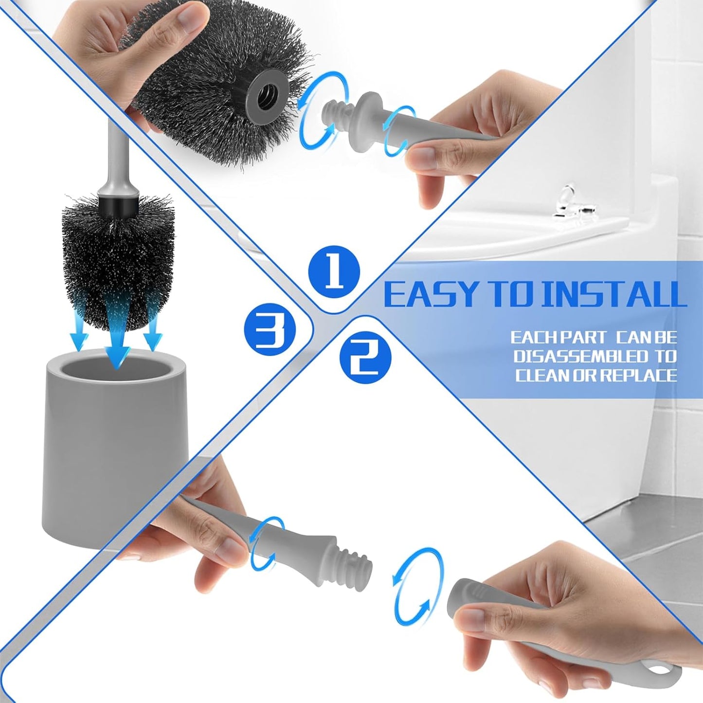 AONEZ Toilet Brush and Holder Set, 2 Pack Long-Handle Toilet Brush, Non-Slip Grip, Nylon Bristles, Deep Cleaning for Bathroom, Toilet Scrubber- Black