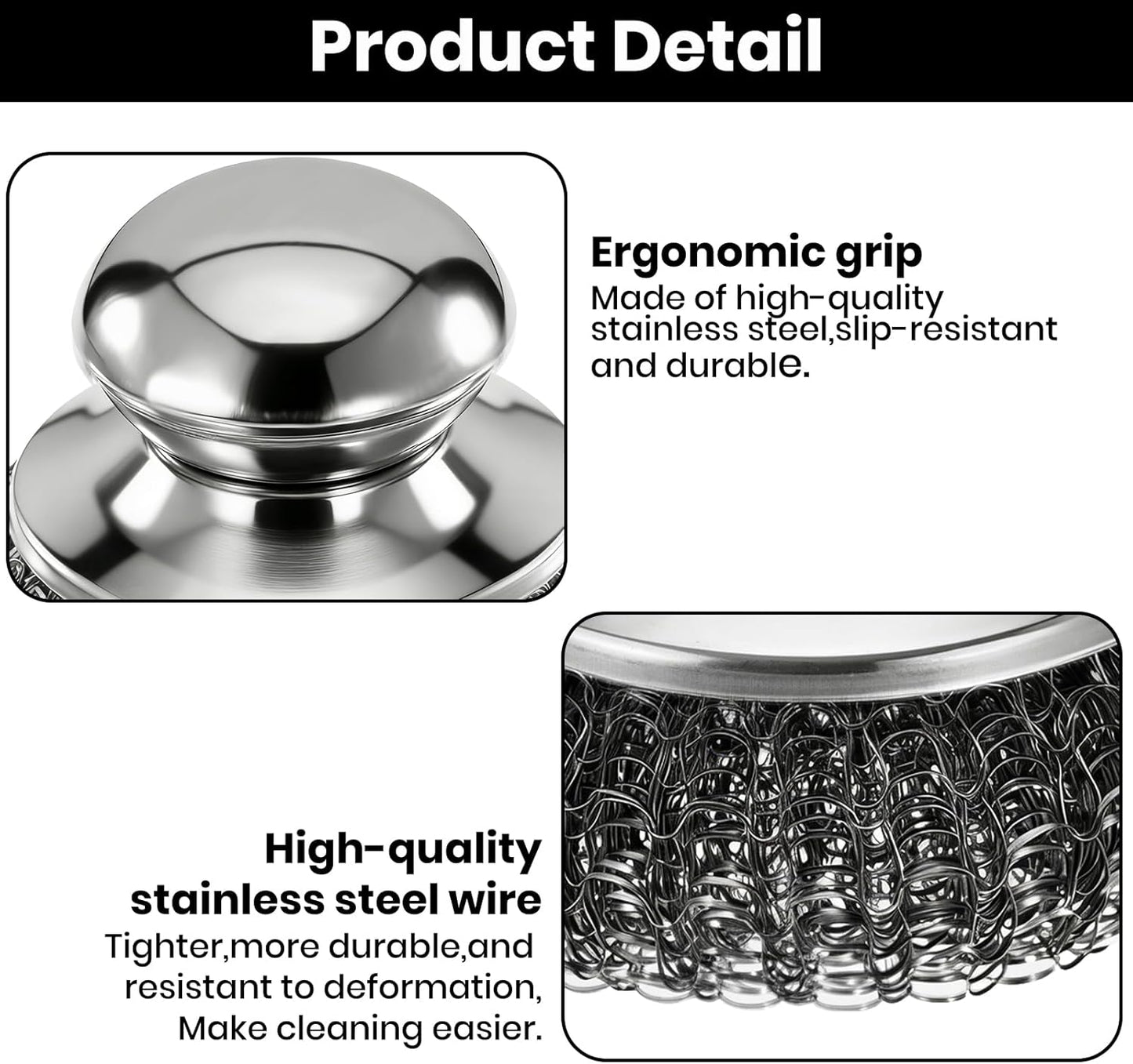 Steel Wool Scrubber with Handle, Stainless Steel, 5 Pack, for Cast Iron, Pots, Pans, Grill, Stoves, Sink (Sliver, M)
