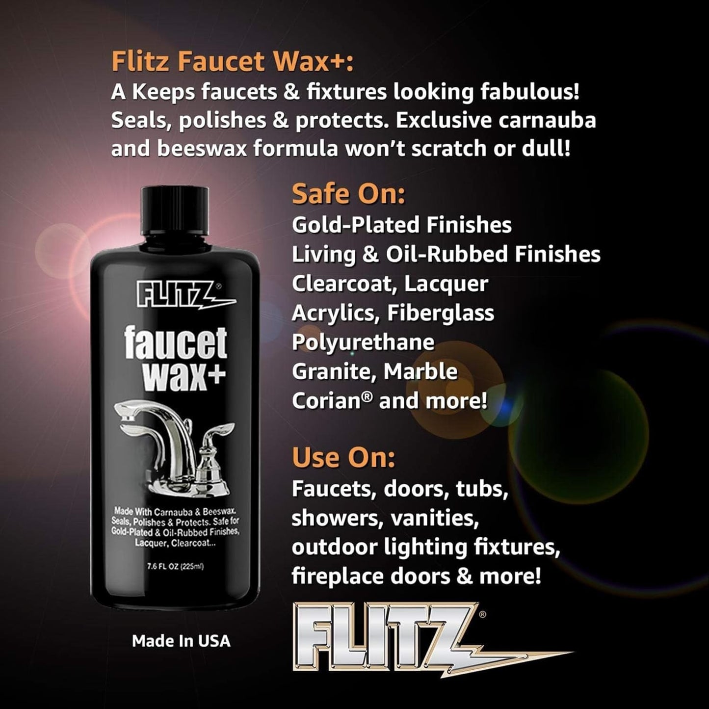 Flitz Faucet Wax Plus - 3.4oz Bottle of USA-Made, Water-Based Faucet Cleaner & Polisher for Water Stains, Fingerprints, & More - Metal Wax for Bronze, Nickel, Chrome, Brass - Granite Polish (1 Pack)