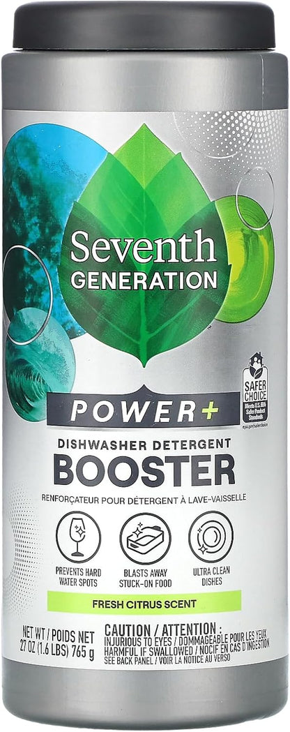 Seventh Generation Power+ Dishwasher Detergent Booster Powder, Blasts Away Stuck-On Food, Fresh Citrus Scent, 27 Oz